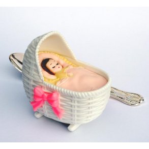 Bordpynt til barnedåb - Vugge med baby - rød