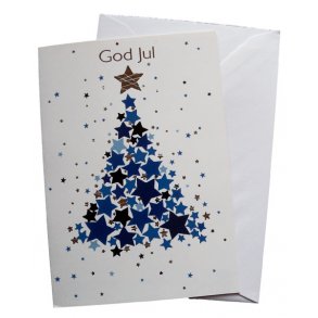 Julekort - hvid med trykt juletr af bl stjerner