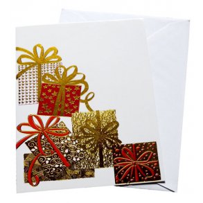 Julekort - med pakker i guld og rd