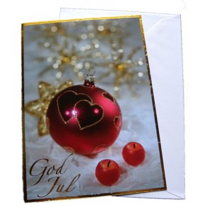 Julekort - rd julekugle og god Jul i guldtryk 