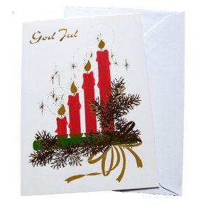Julekort - med 4 rde adventslys - guld gren