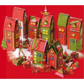 Kalenderby med 8 huse - 24 pakker og nisser