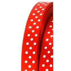 Satinbnd  9,5mm - Rd med hvide prikker