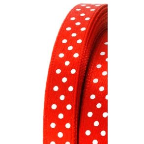 Satinbnd  9,5mm - Rd med hvide prikker