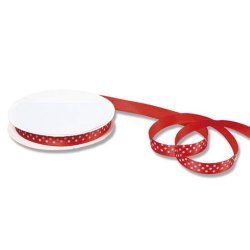 Satinbnd  9,5mm - Rd med hvide prikker