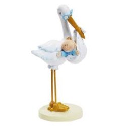 Barnedb - bordpynt til dreng - stork med baby