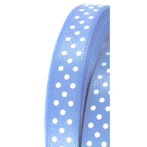 Satinbnd  9,5mm - Lysebl med hvide prikker
